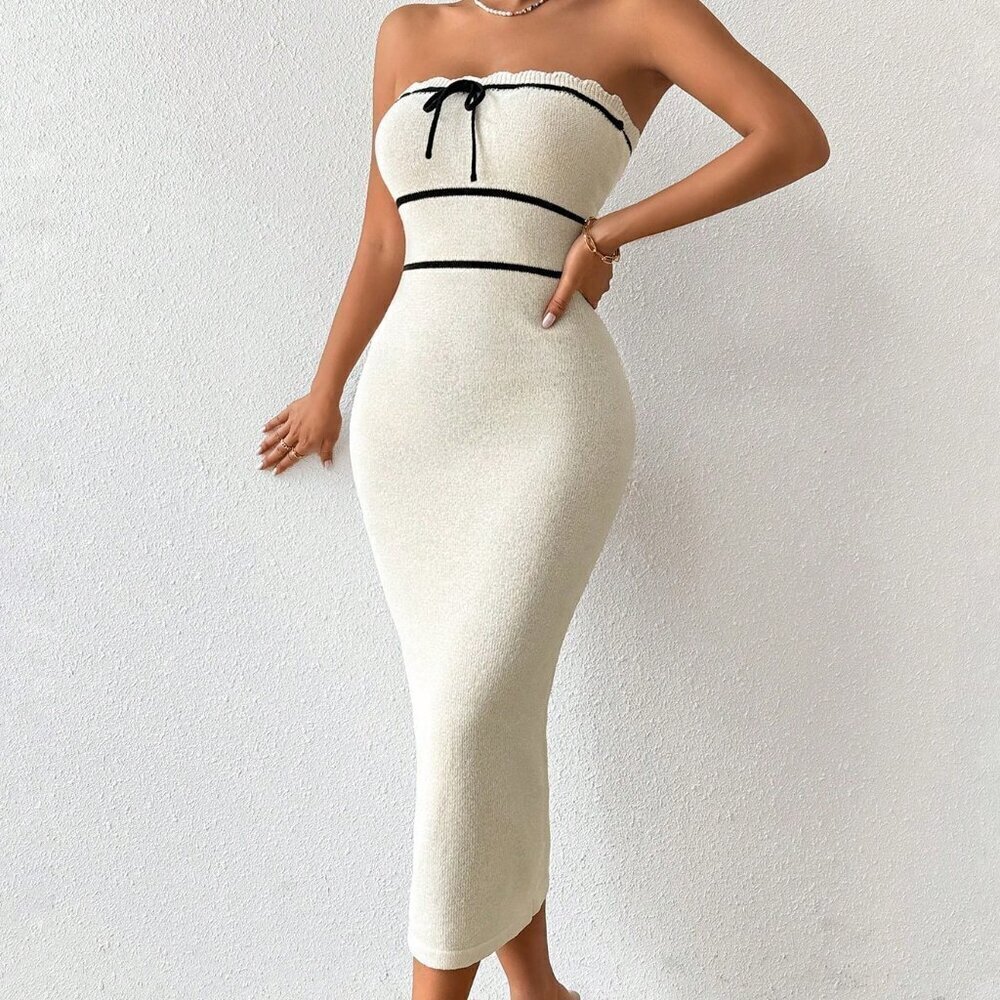 Apricot Elegant Women's Tube Top Dress Fashion Knitted Dress - Picture 7 of 7